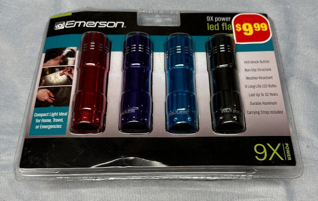 4 Pack of Emerson Portable Home Auto Emergency LED Flashlights 9x Power NIB
