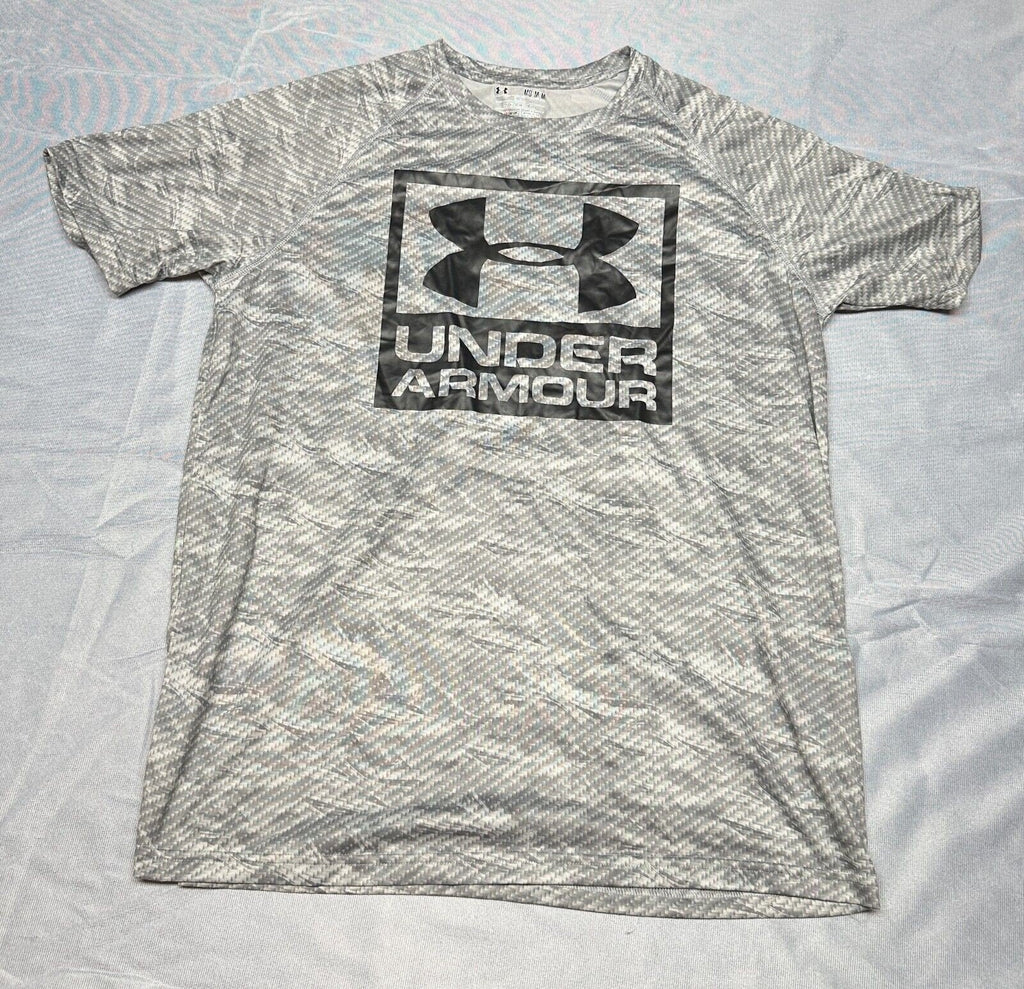 Mens Under Armour Short Sleeve T-Shirt MEDIUM Gray Geometric Pattern Loose Fit
