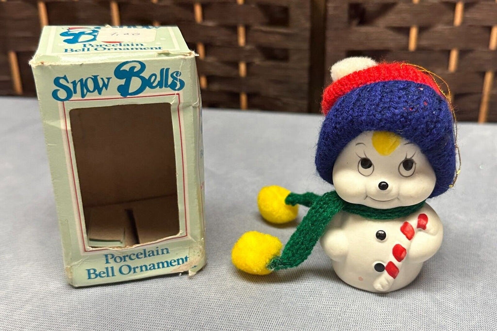 Vintage Giftco Christmas Porcelain Bell Ornament Snow Bells Snowman with Candy