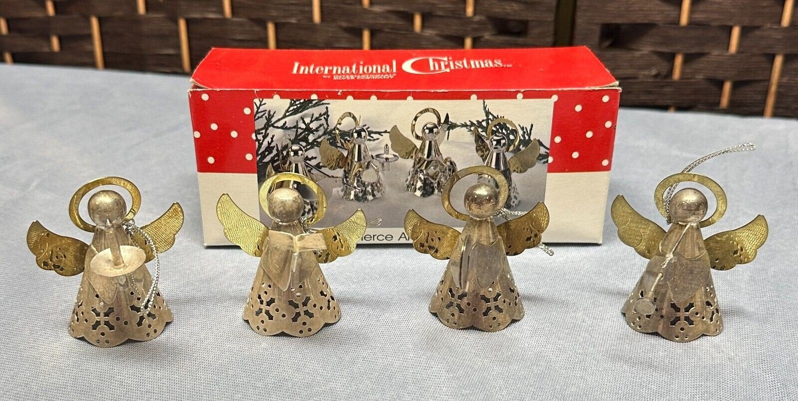1992 International Christmas 4 Two Tone Silver Pierce Angle Angel Ornaments wBox