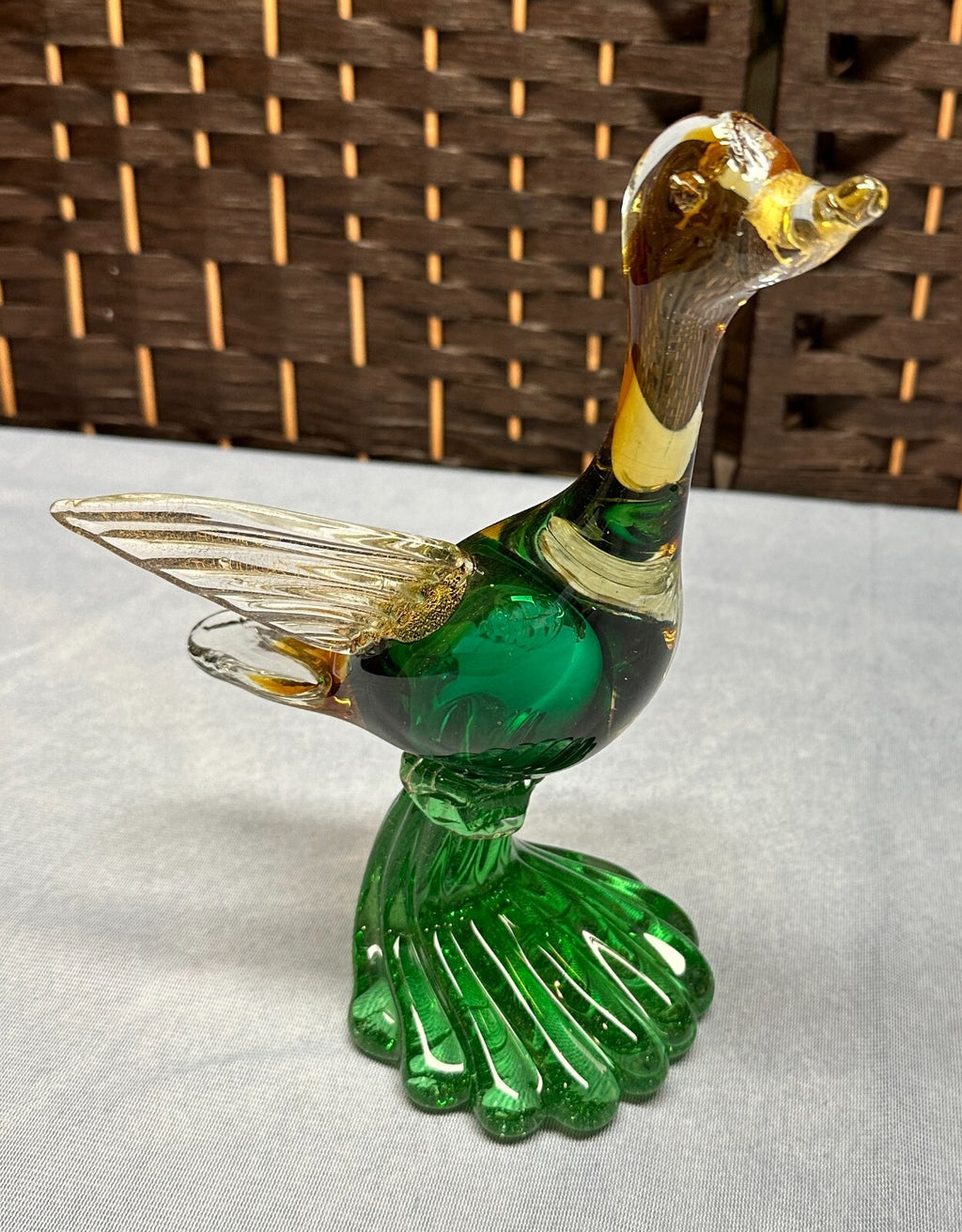 Vintage Green Gold Flying Goose Duck Figurine Sculpture Venetian Glass Italy