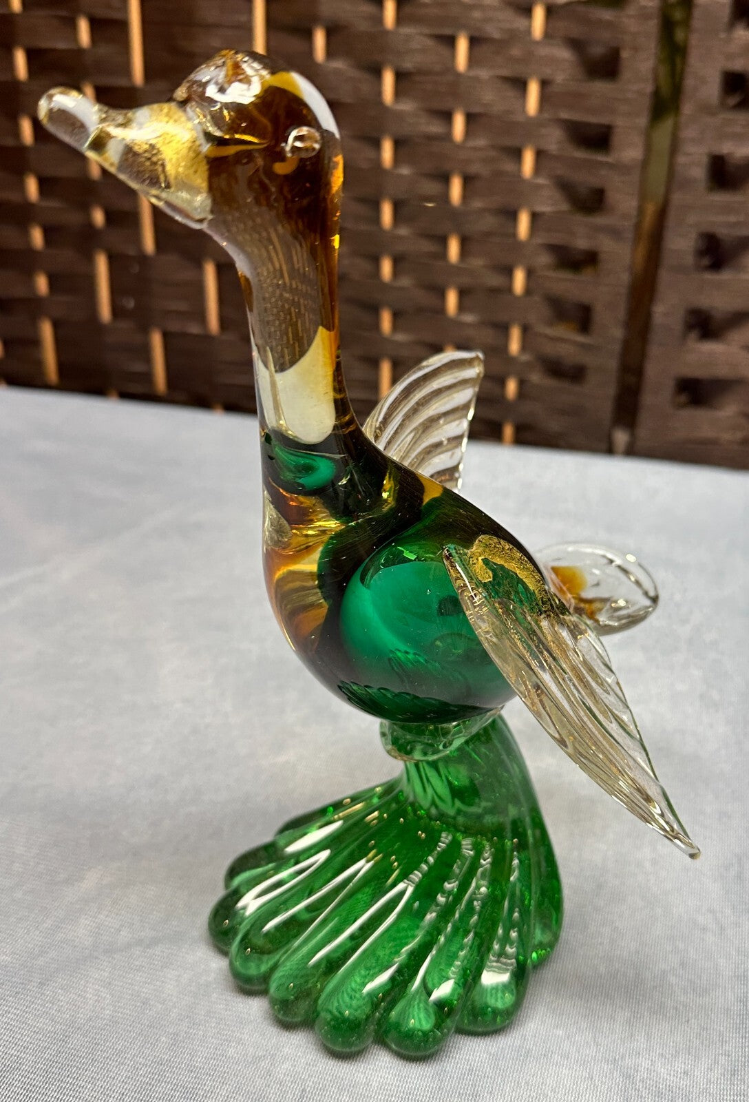 Vintage Green Gold Flying Goose Duck Figurine Sculpture Venetian Glass Italy