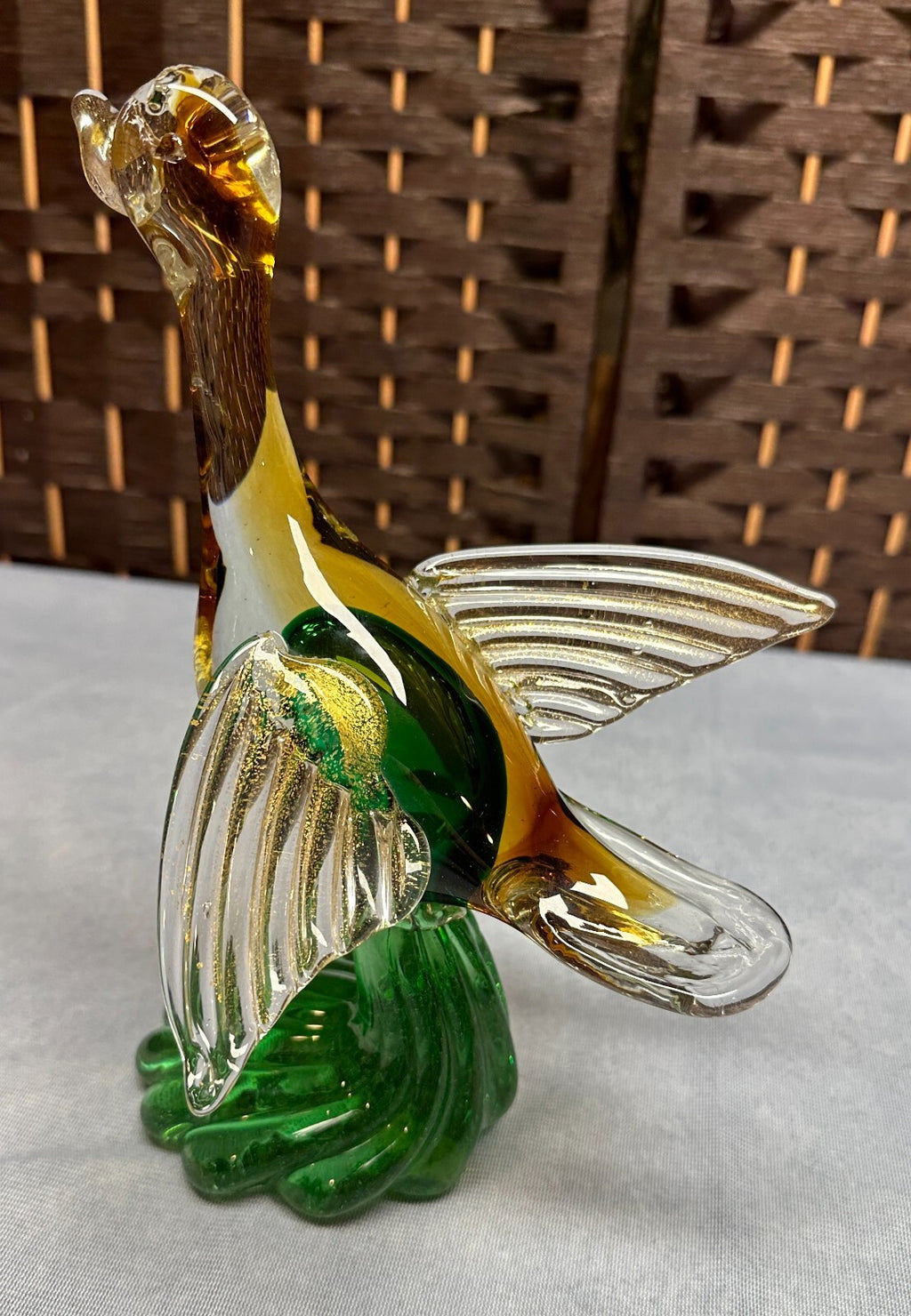 Vintage Green Gold Flying Goose Duck Figurine Sculpture Venetian Glass Italy