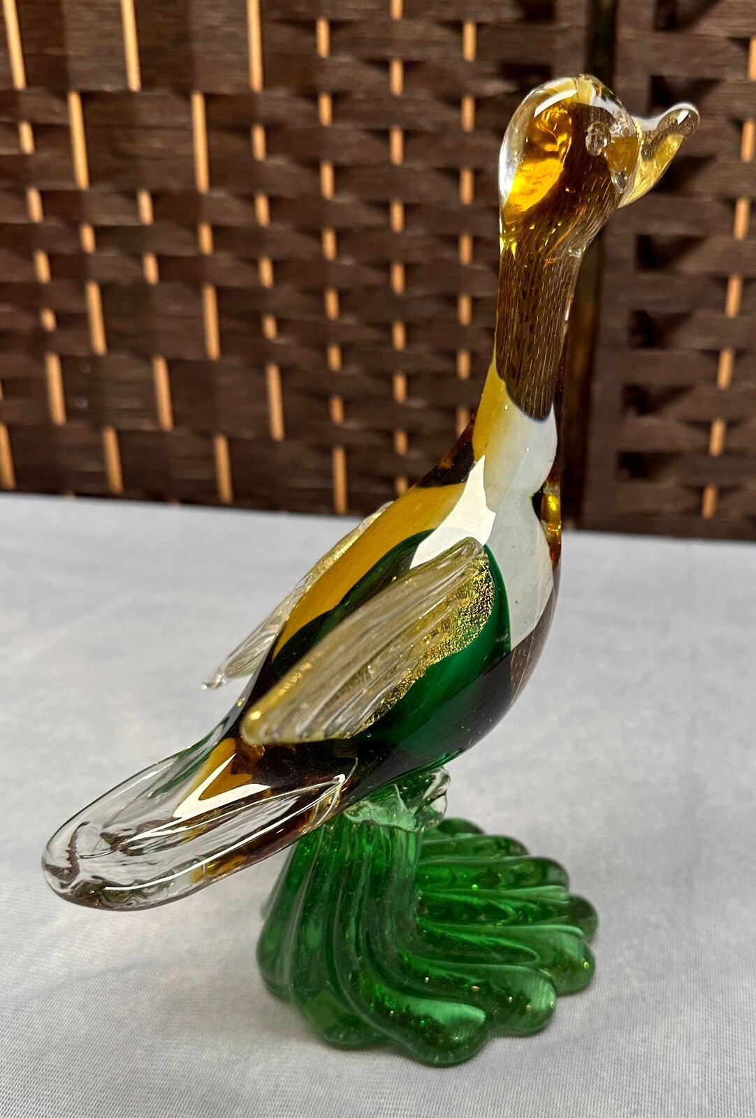Vintage Green Gold Flying Goose Duck Figurine Sculpture Venetian Glass Italy