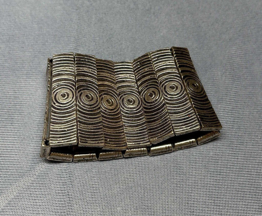 Vintage Statement Egyptian Style Metal Stretch Bracelet Cuff White Metal Swirls