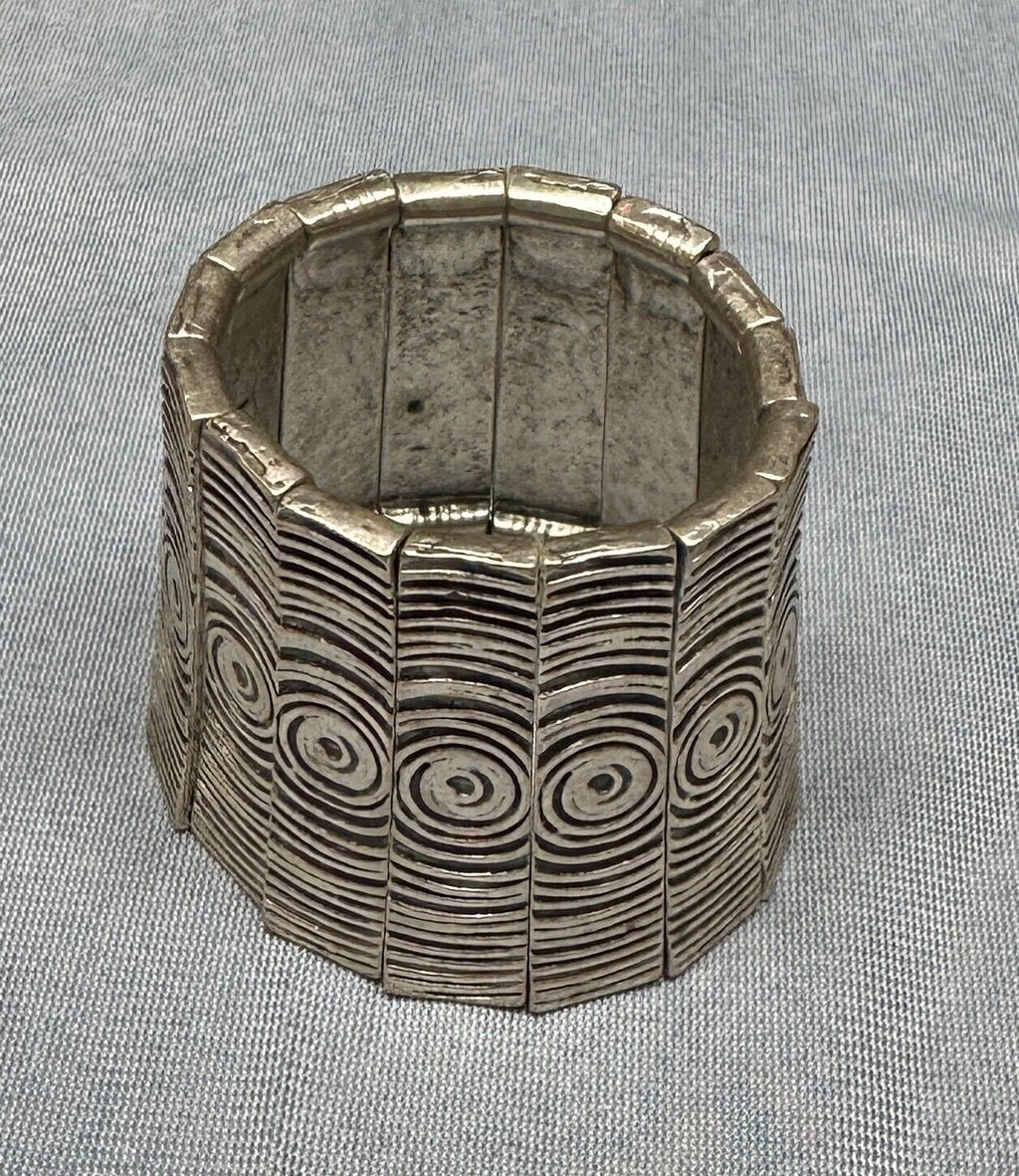 Vintage Statement Egyptian Style Metal Stretch Bracelet Cuff White Metal Swirls