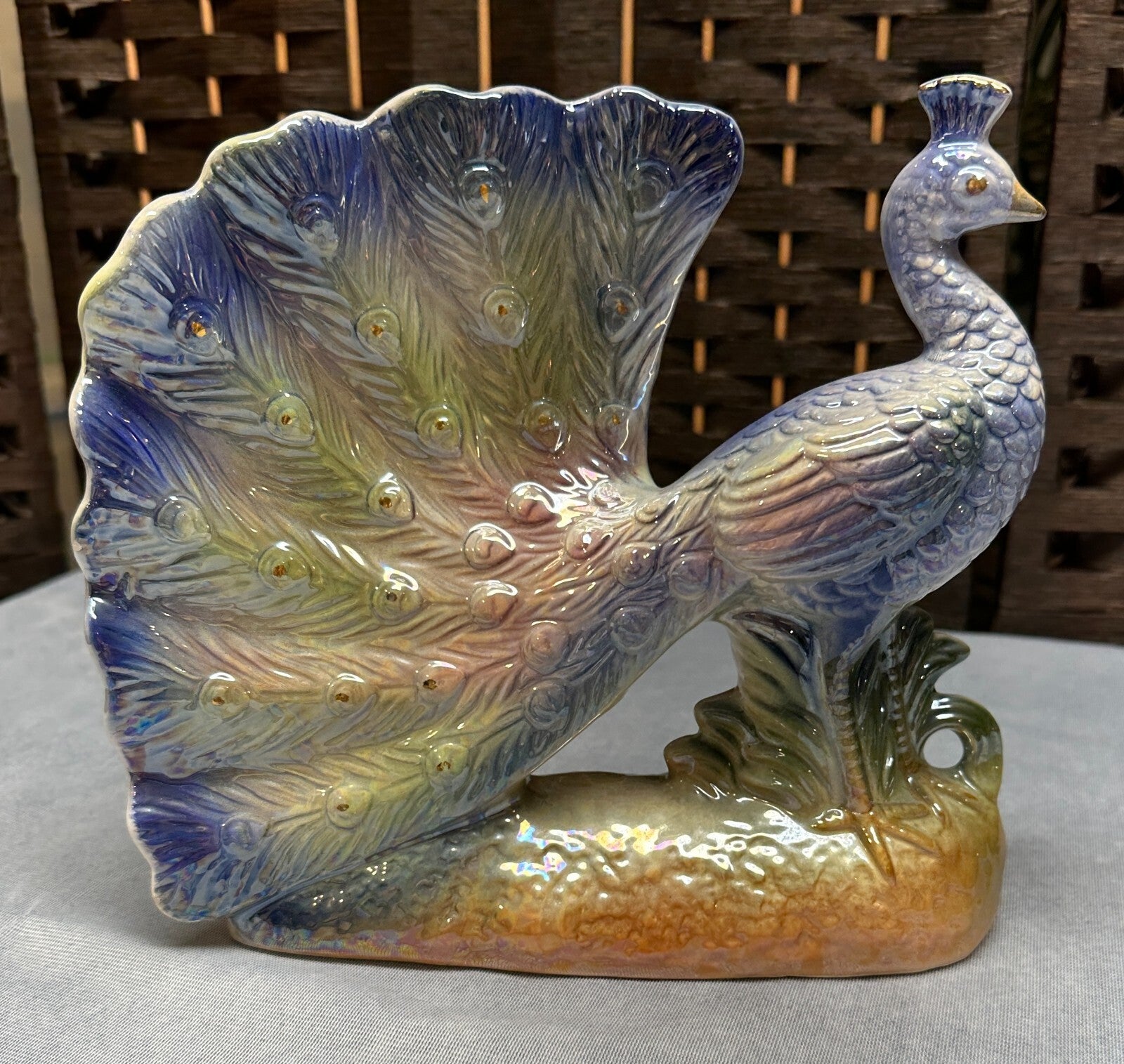 Vintage Majolica Stunning Peacock Figurine Statue Gold Paint Embellishment