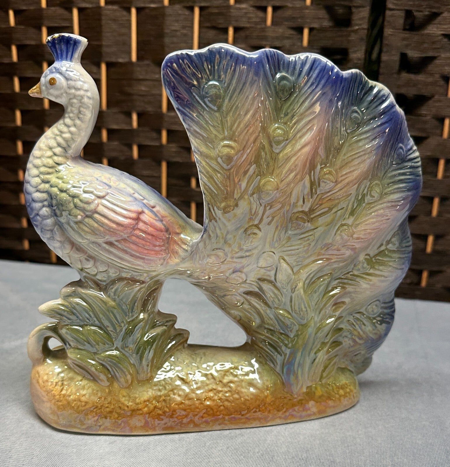 Vintage Majolica Stunning Peacock Figurine Statue Gold Paint Embellishment