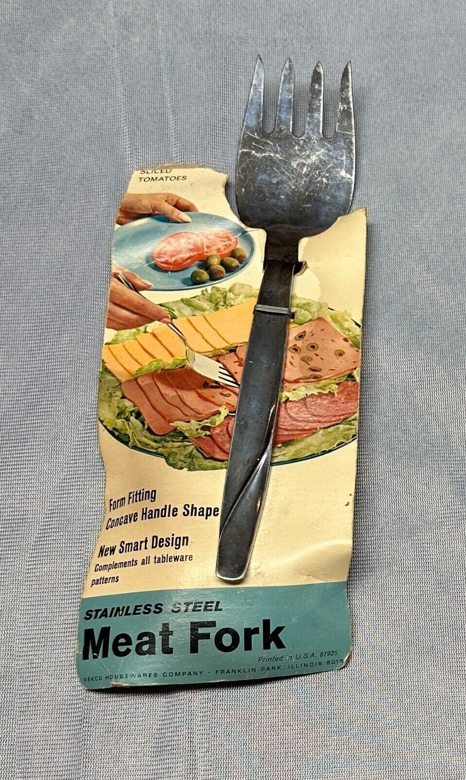 Vintage Ekco Stainless Steel 4 Prong Meat Fork Concave Handle /w Packaging