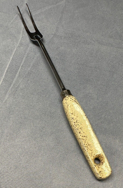 EKCO Stainless Steel Meat/Serving Fork Cream /w Gold Flecked Handle 13” USA Vtg