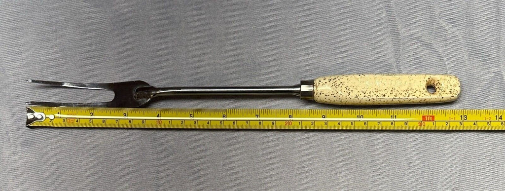 EKCO Stainless Steel Meat/Serving Fork Cream /w Gold Flecked Handle 13” USA Vtg