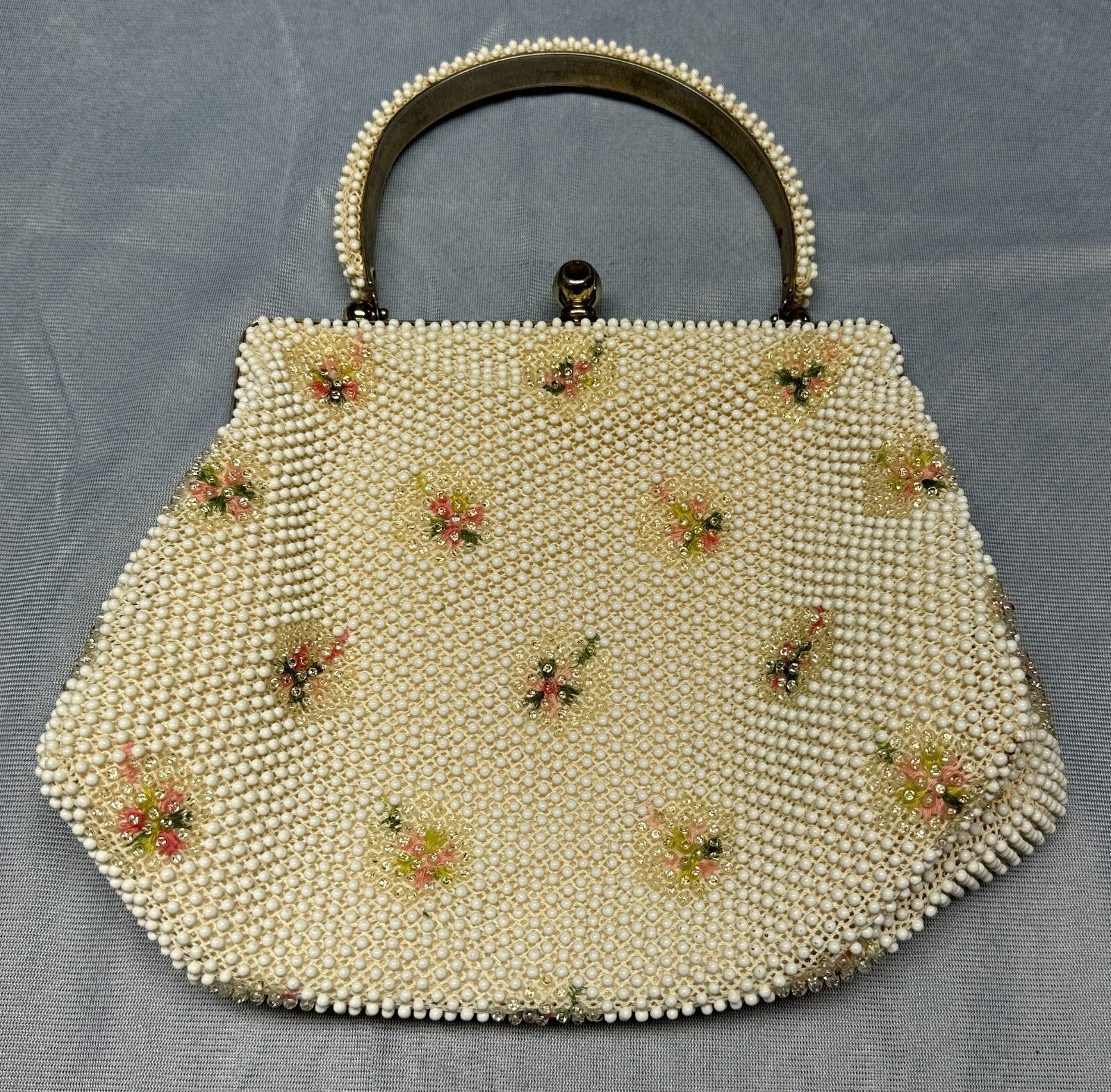 Vintage 1950s Lumured Corde Bead Purse Embroidered Floral Handbag