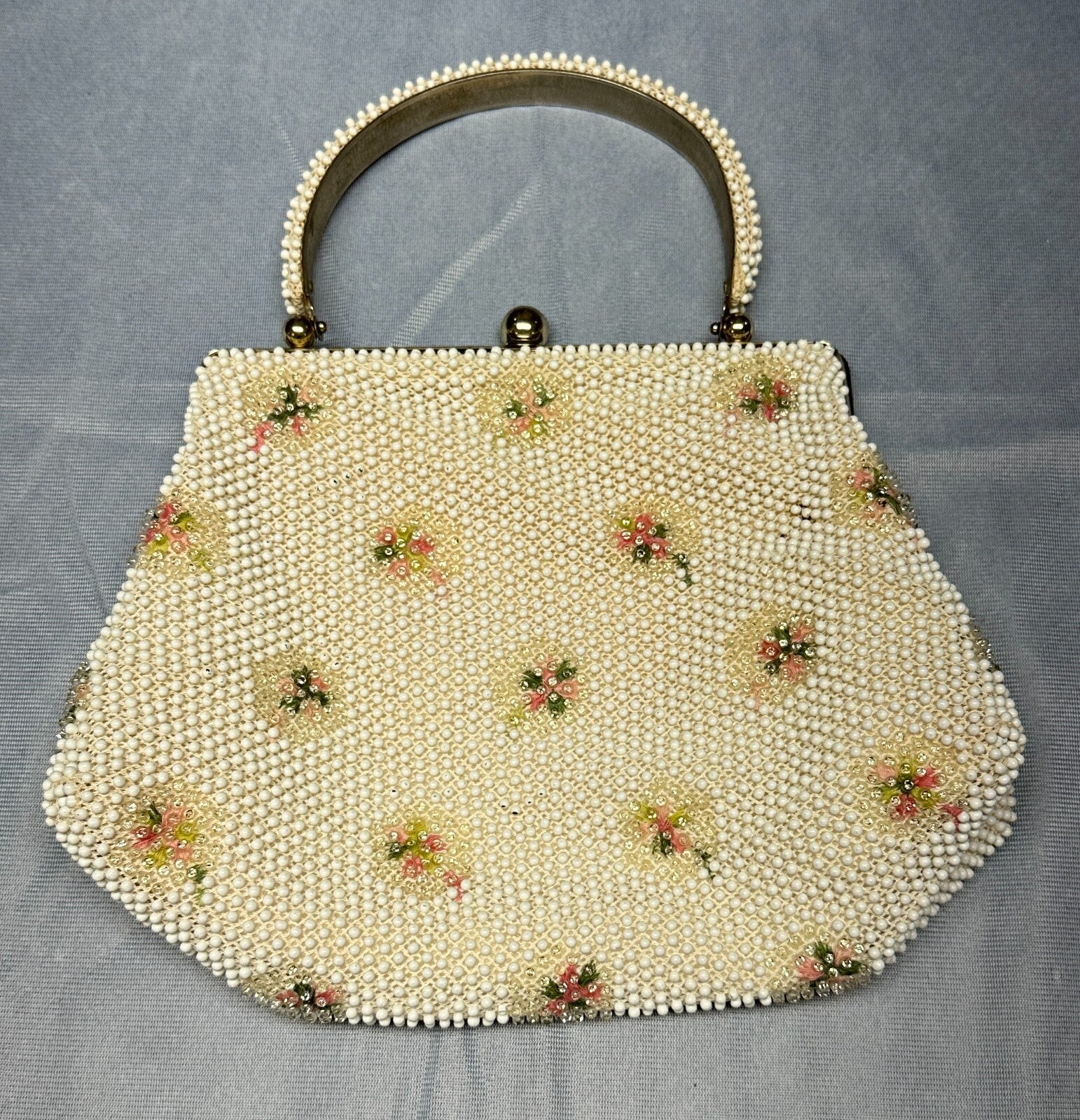 Vintage 1950s Lumured Corde Bead Purse Embroidered Floral Handbag