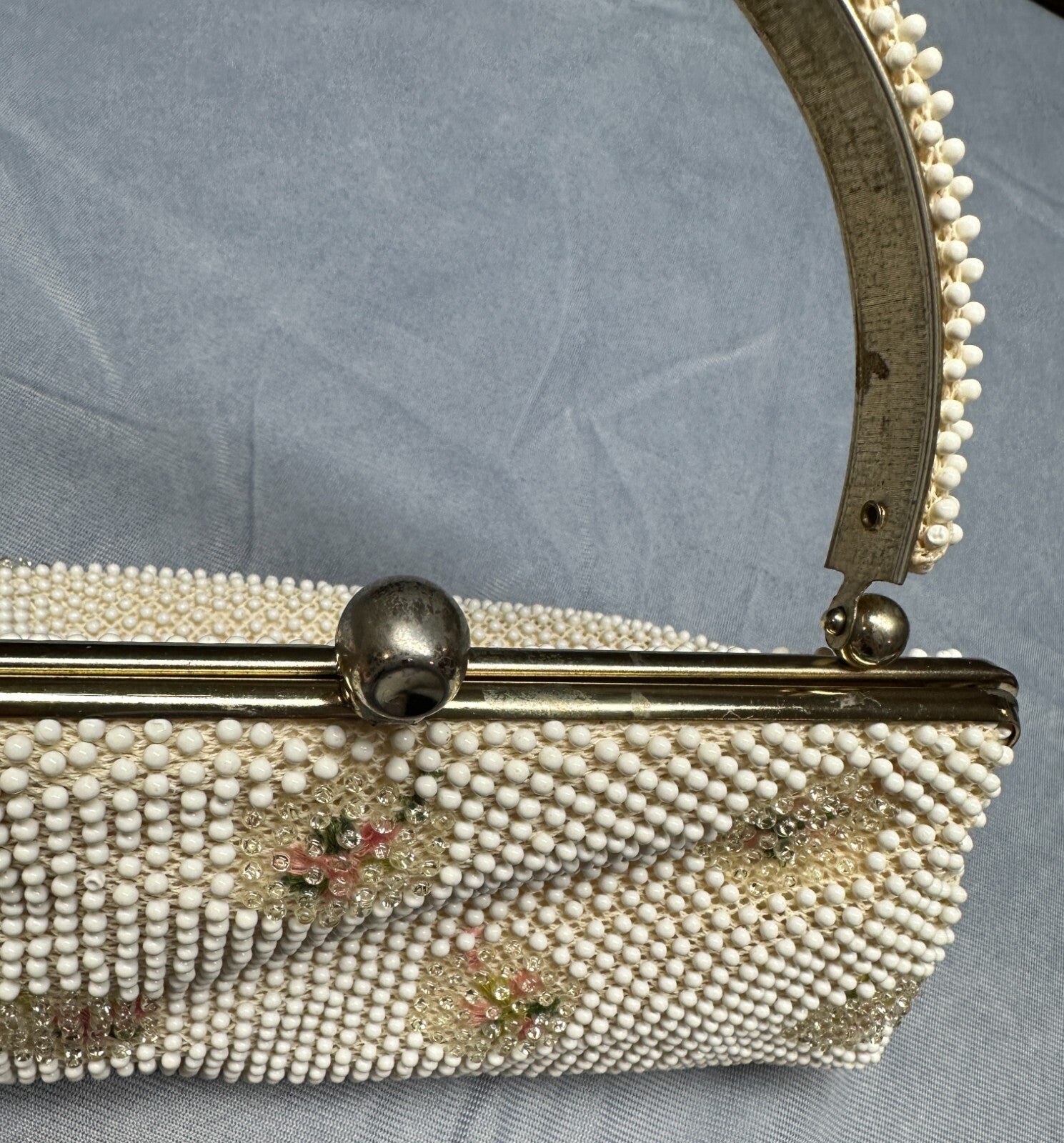Vintage 1950s Lumured Corde Bead Purse Embroidered Floral Handbag