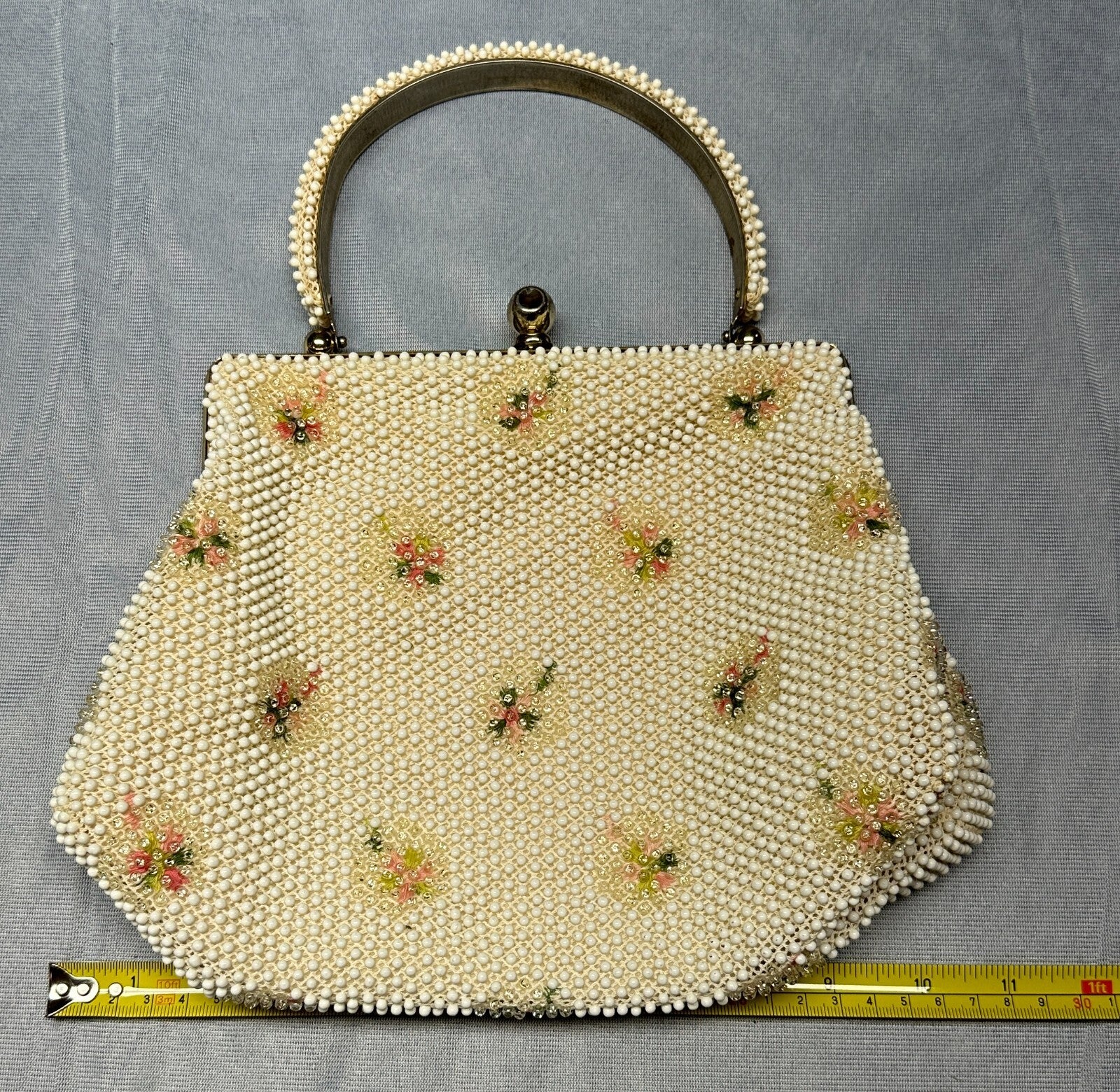Vintage 1950s Lumured Corde Bead Purse Embroidered Floral Handbag