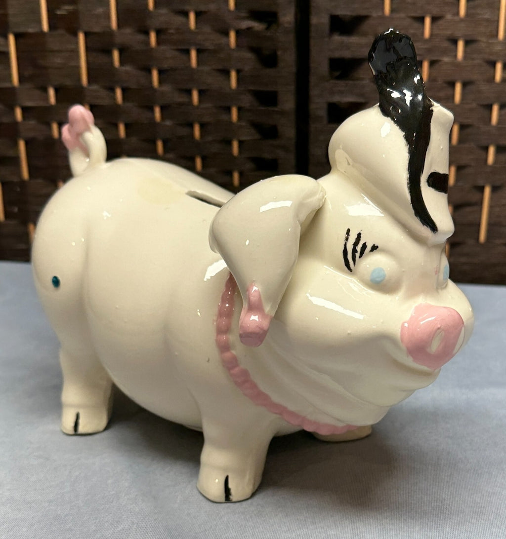 Vintage Ceramic Piggy Bank - Pig /w Feathered Top Hat & Jewelry Fancy - Japan?