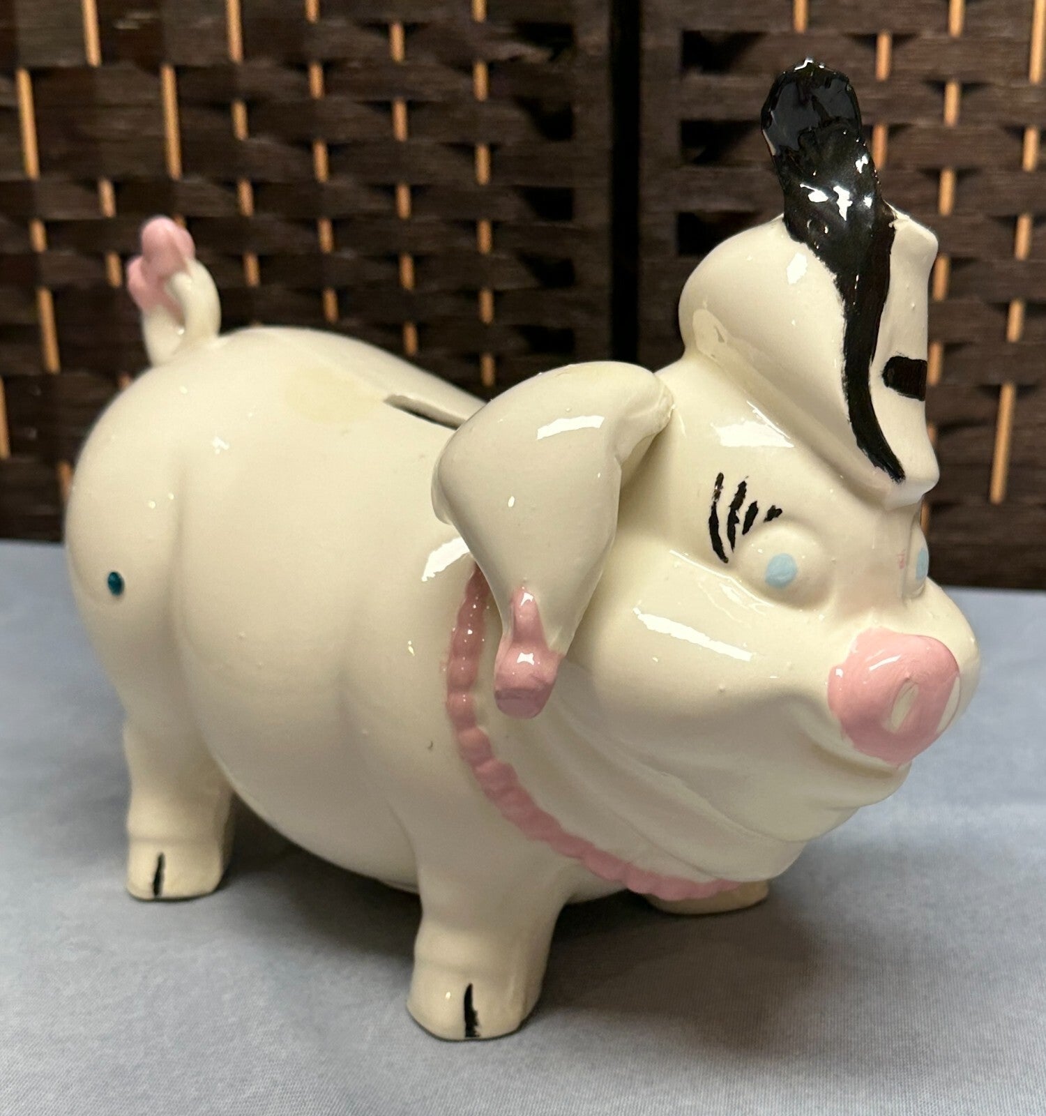 Vintage Ceramic Piggy Bank - Pig /w Feathered Top Hat & Jewelry Fancy - Japan?
