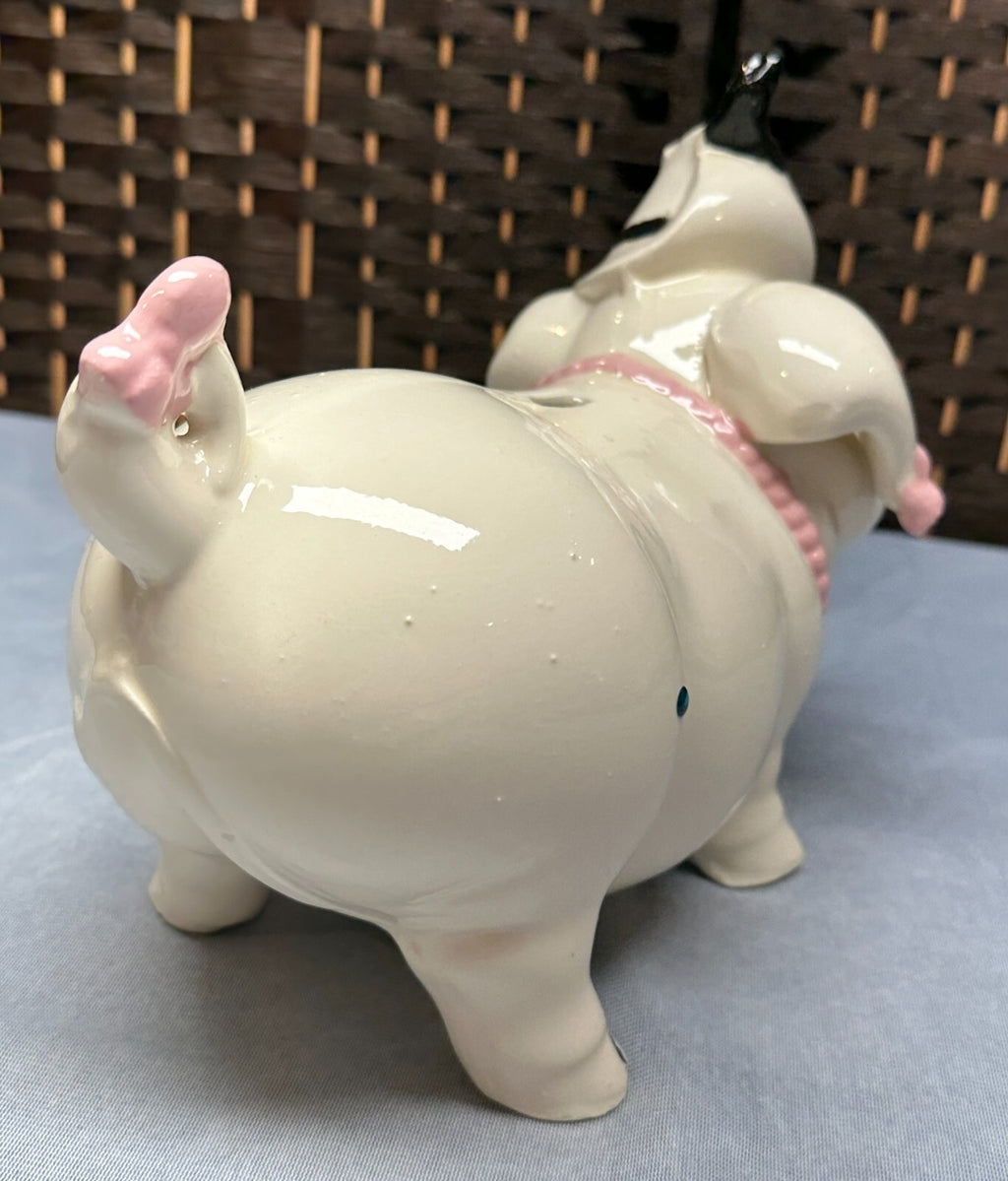 Vintage Ceramic Piggy Bank - Pig /w Feathered Top Hat & Jewelry Fancy - Japan?