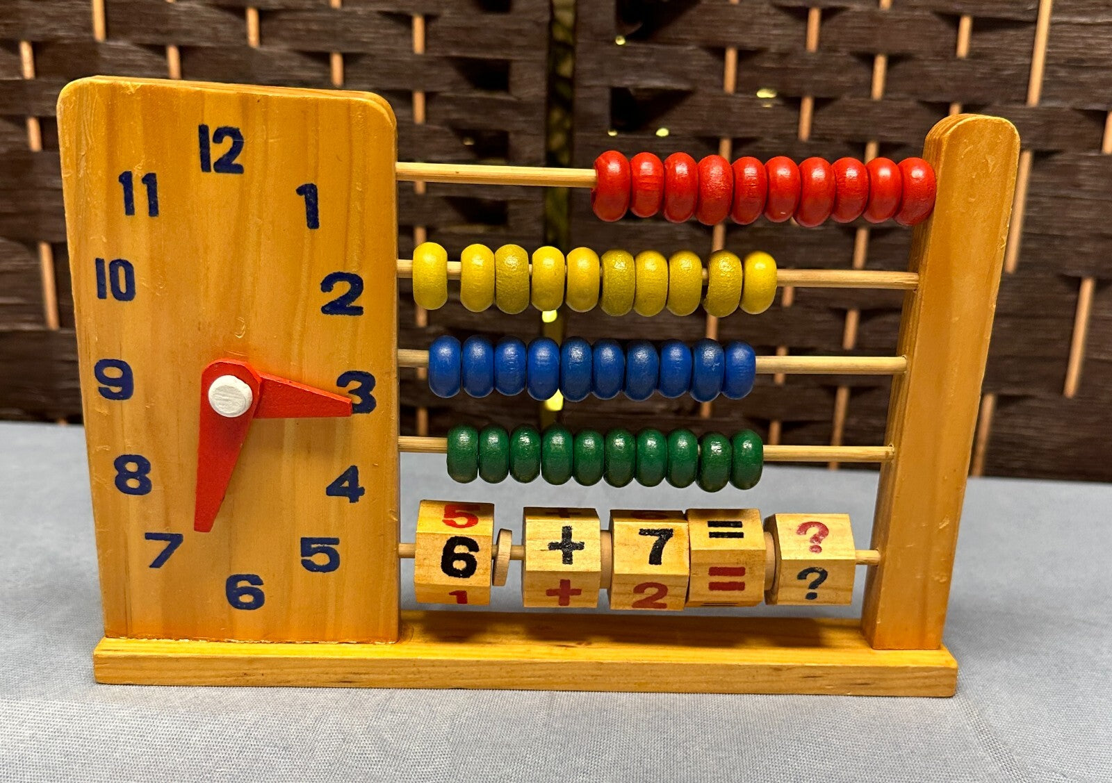 Vintage Wooden Abacus Learning Toy with Clock Counting Math Collectible Children
