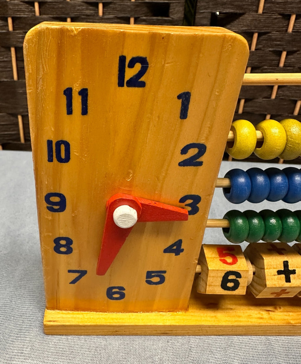 Vintage Wooden Abacus Learning Toy with Clock Counting Math Collectible Children