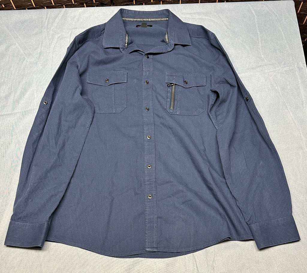Rock & Republic Shirt Mens Large Blue Button Down Roll Tab 100% Cotton Striped
