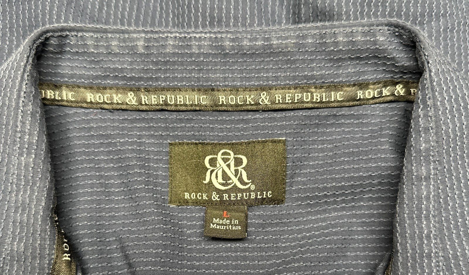 Rock & Republic Shirt Mens Large Blue Button Down Roll Tab 100% Cotton Striped