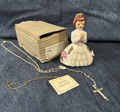 Vintage Trinket Bisque Porcelain Communion Girl Rosary Angel /w Rosary Japan