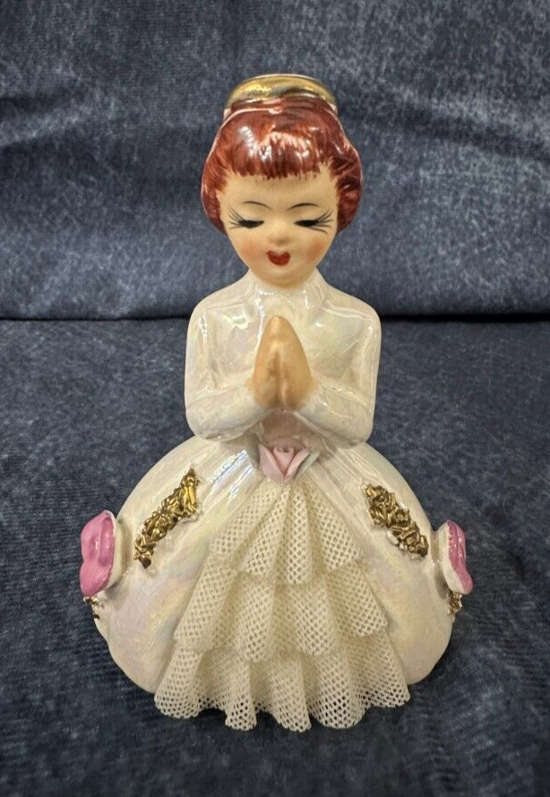 Vintage Trinket Bisque Porcelain Communion Girl Rosary Angel /w Rosary Japan