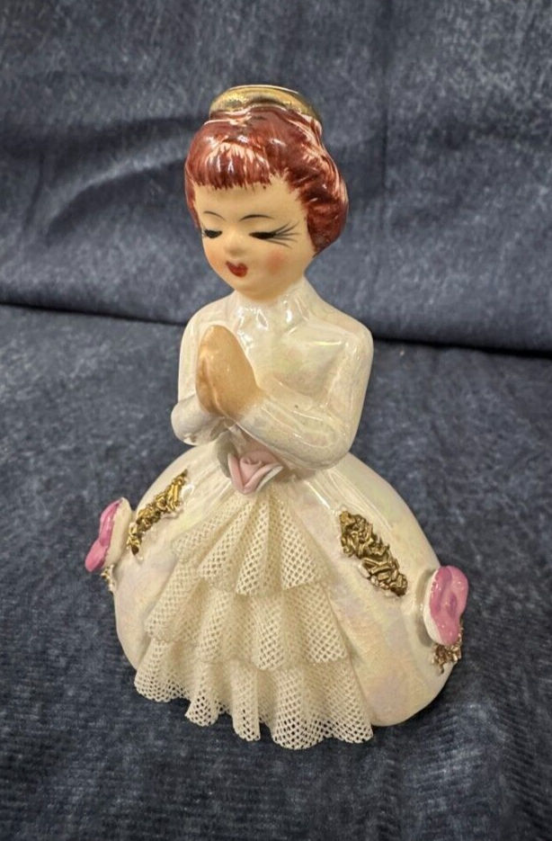 Vintage Trinket Bisque Porcelain Communion Girl Rosary Angel /w Rosary Japan