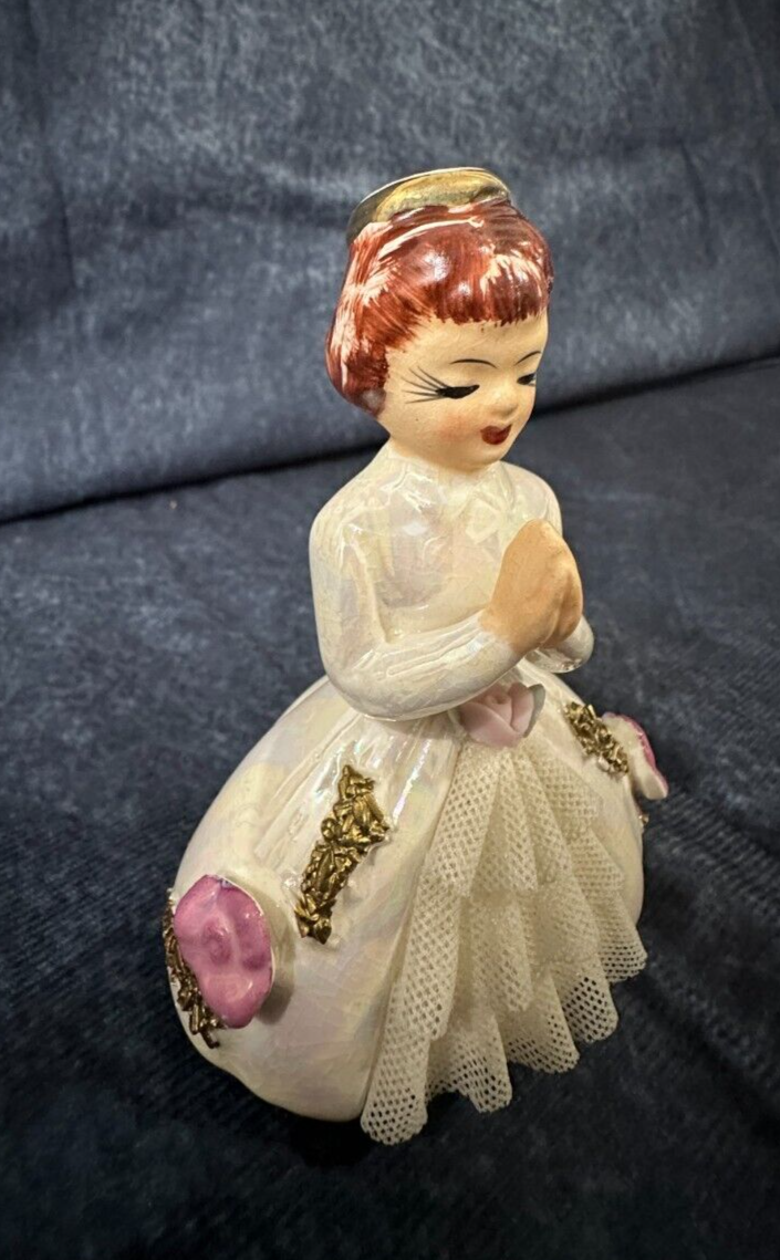 Vintage Trinket Bisque Porcelain Communion Girl Rosary Angel /w Rosary Japan