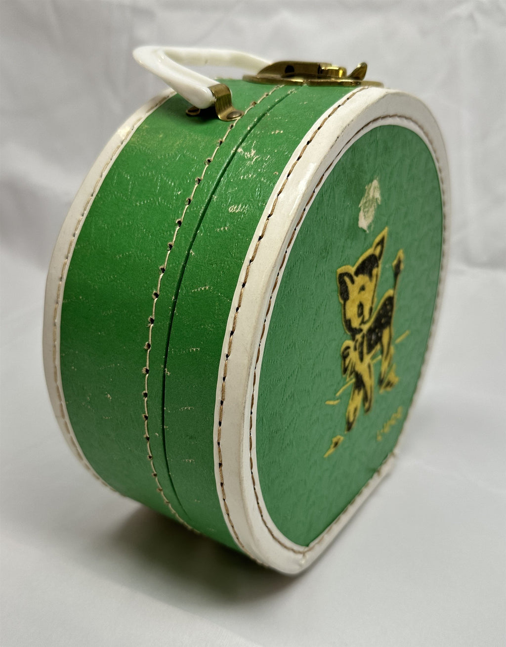 1950s Luce Child's Hat Box Case Green Flocked DISTRESSED Mid-Century Decor