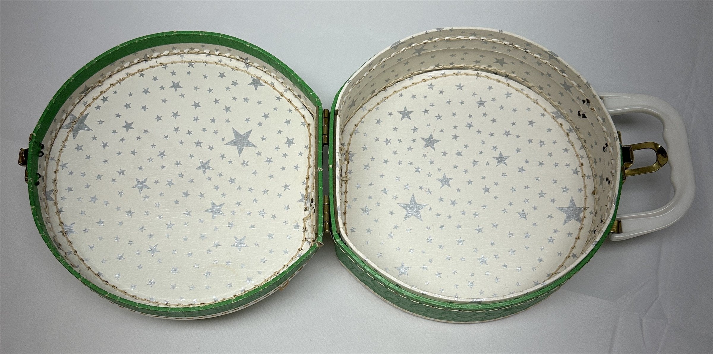 1950s Luce Child's Hat Box Case Green Flocked DISTRESSED Mid-Century Decor