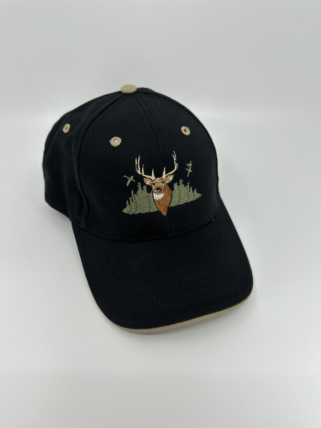 Deer Buck Head & Forest Black Embroidered Adjustable 100% Cotton Hat