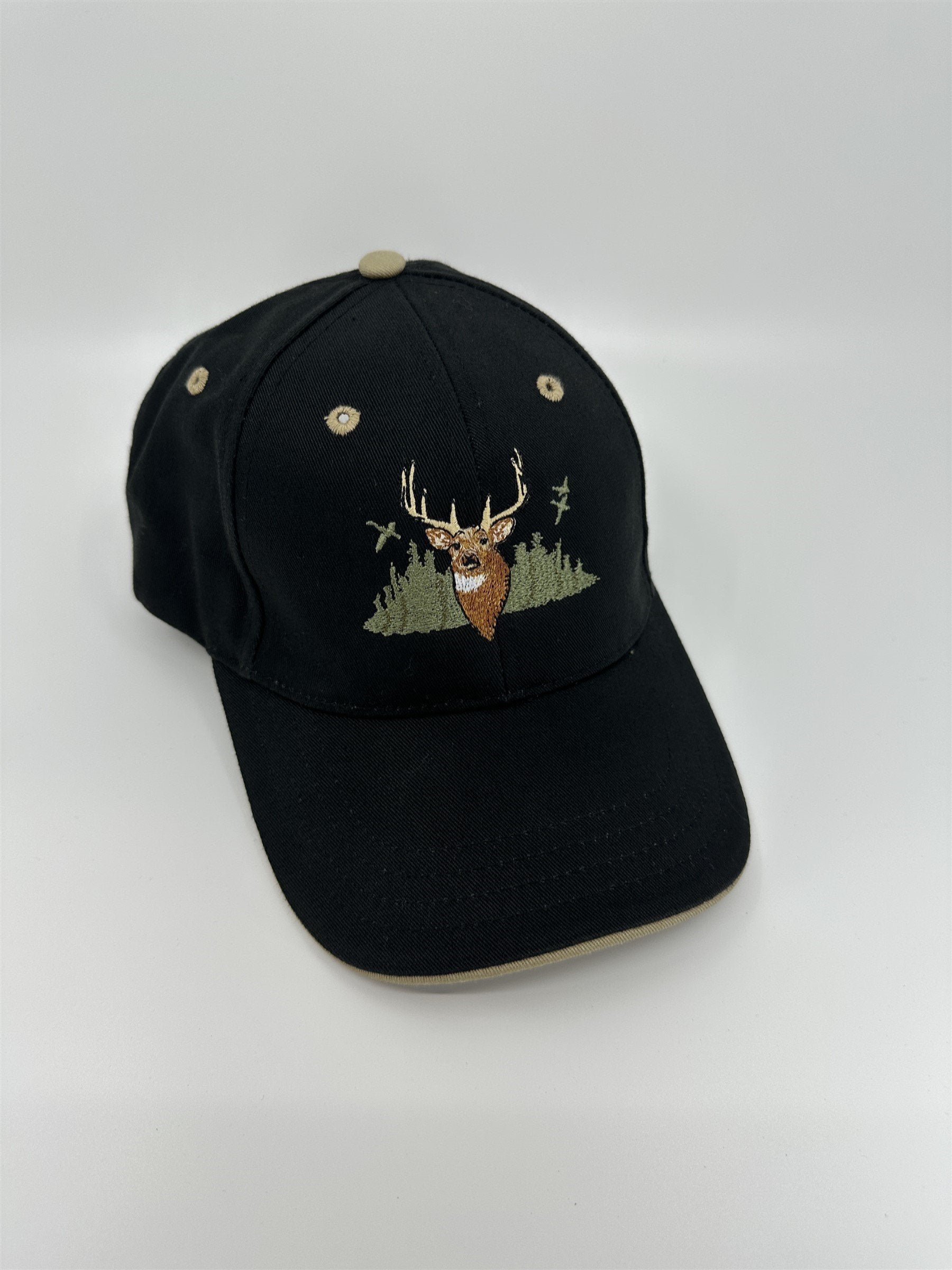 Deer Buck Head & Forest Black Embroidered Adjustable 100% Cotton Hat