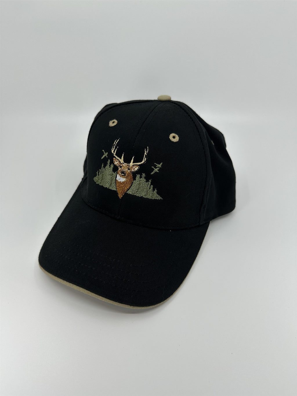 Deer Buck Head & Forest Black Embroidered Adjustable 100% Cotton Hat