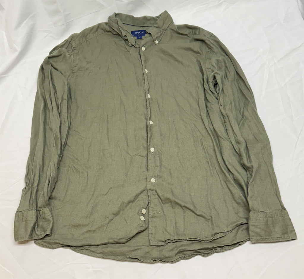 Eton Slim Fit Dress Shirt 17.5 44 Olive Green Wrinkle-Resistant Twill