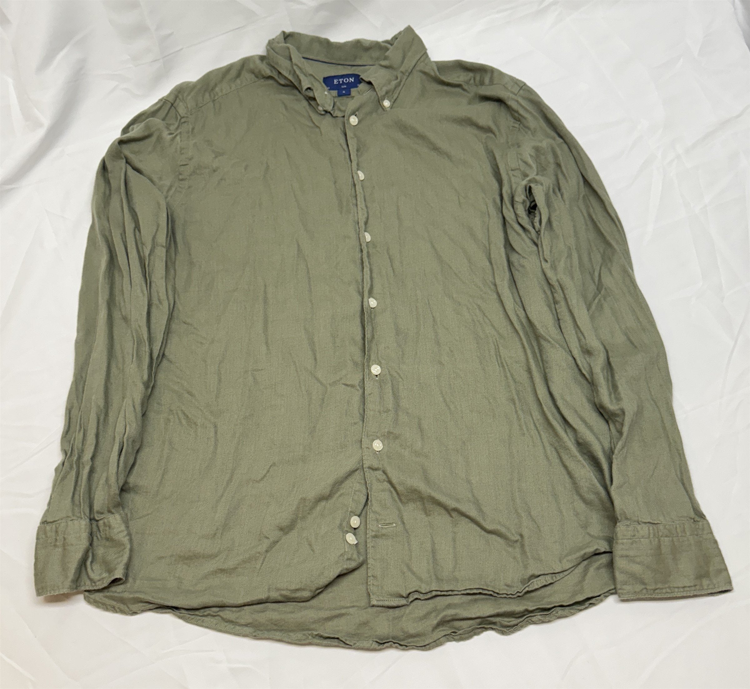 Eton Slim Fit Dress Shirt 17.5 44 Olive Green Wrinkle-Resistant Twill