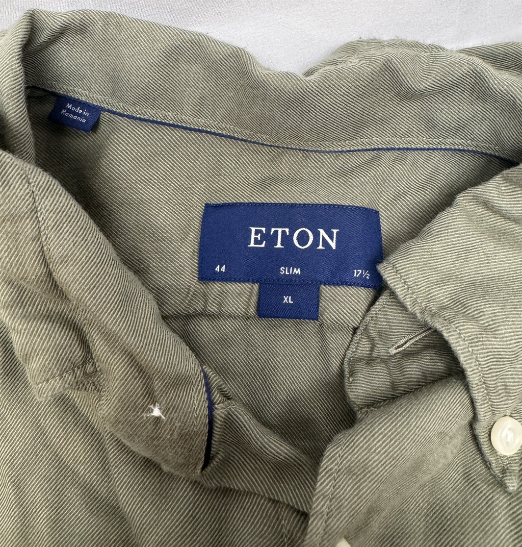 Eton Slim Fit Dress Shirt 17.5 44 Olive Green Wrinkle-Resistant Twill