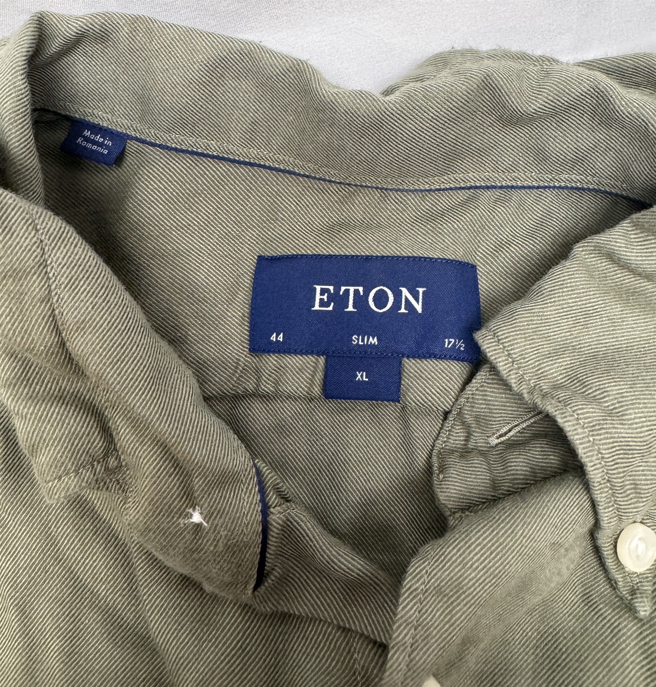 Eton Slim Fit Dress Shirt 17.5 44 Olive Green Wrinkle-Resistant Twill