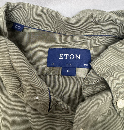 Eton Slim Fit Dress Shirt 17.5 44 Olive Green Wrinkle-Resistant Twill