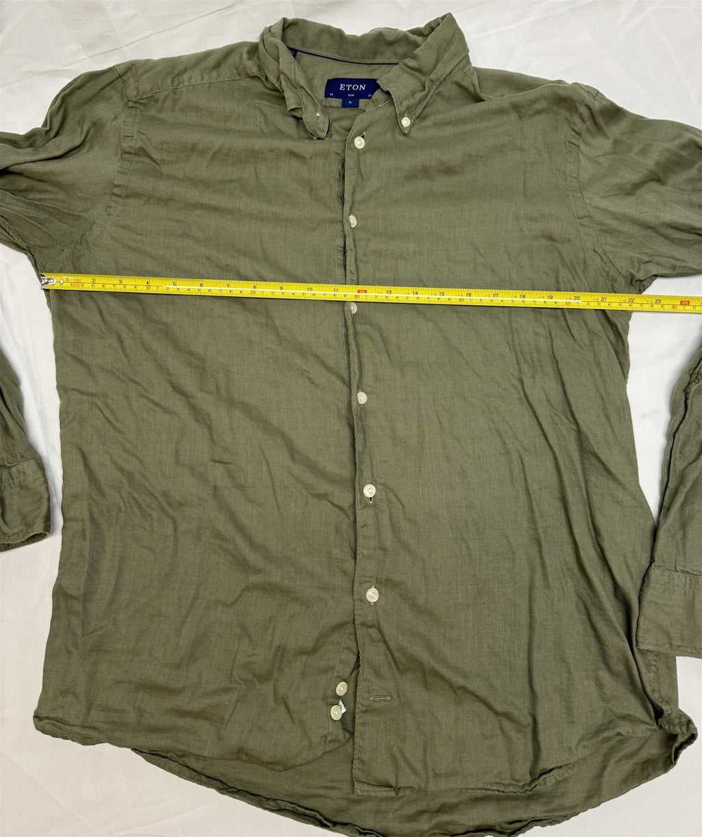 Eton Slim Fit Dress Shirt 17.5 44 Olive Green Wrinkle-Resistant Twill