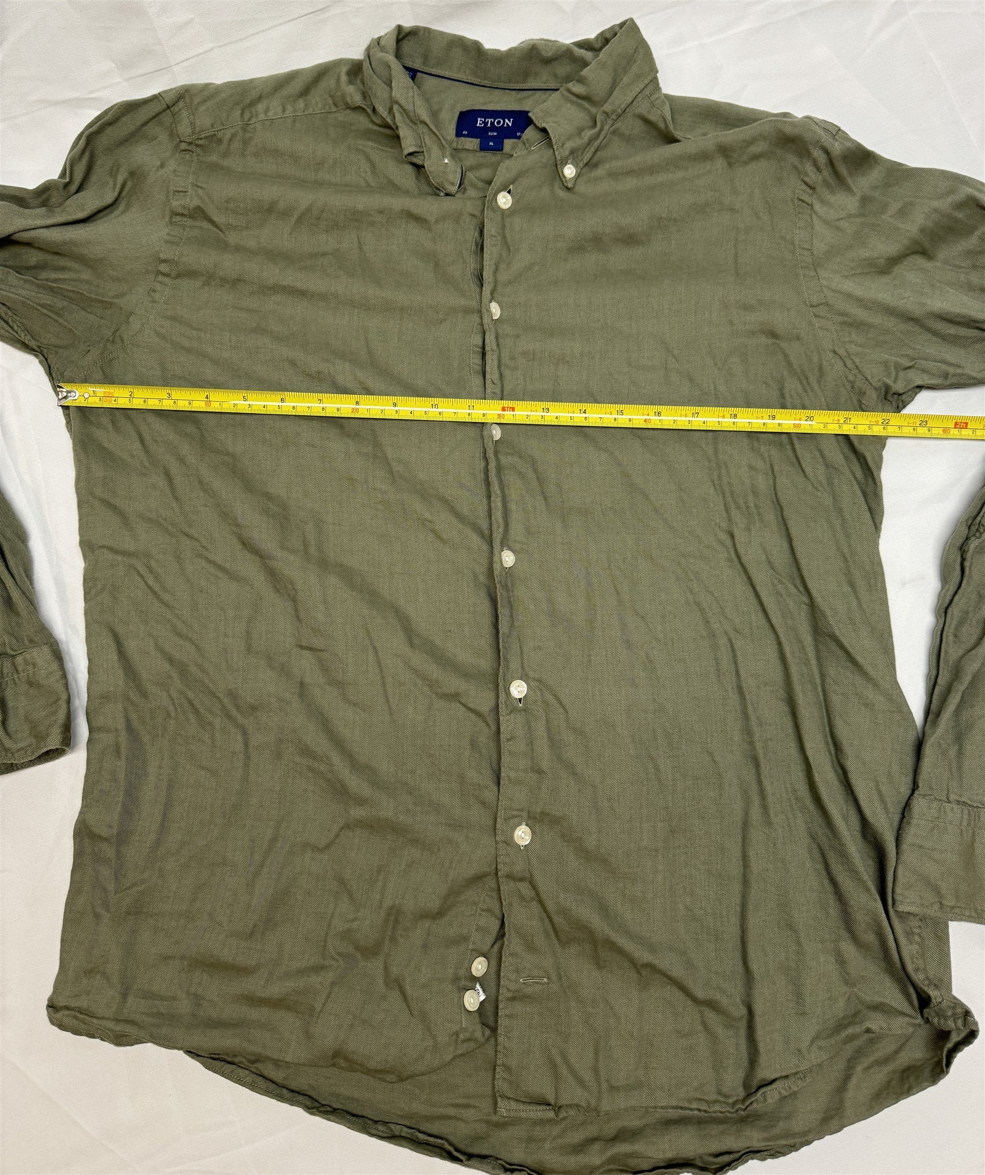 Eton Slim Fit Dress Shirt 17.5 44 Olive Green Wrinkle-Resistant Twill