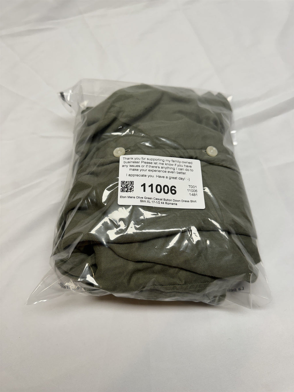 Eton Slim Fit Dress Shirt 17.5 44 Olive Green Wrinkle-Resistant Twill