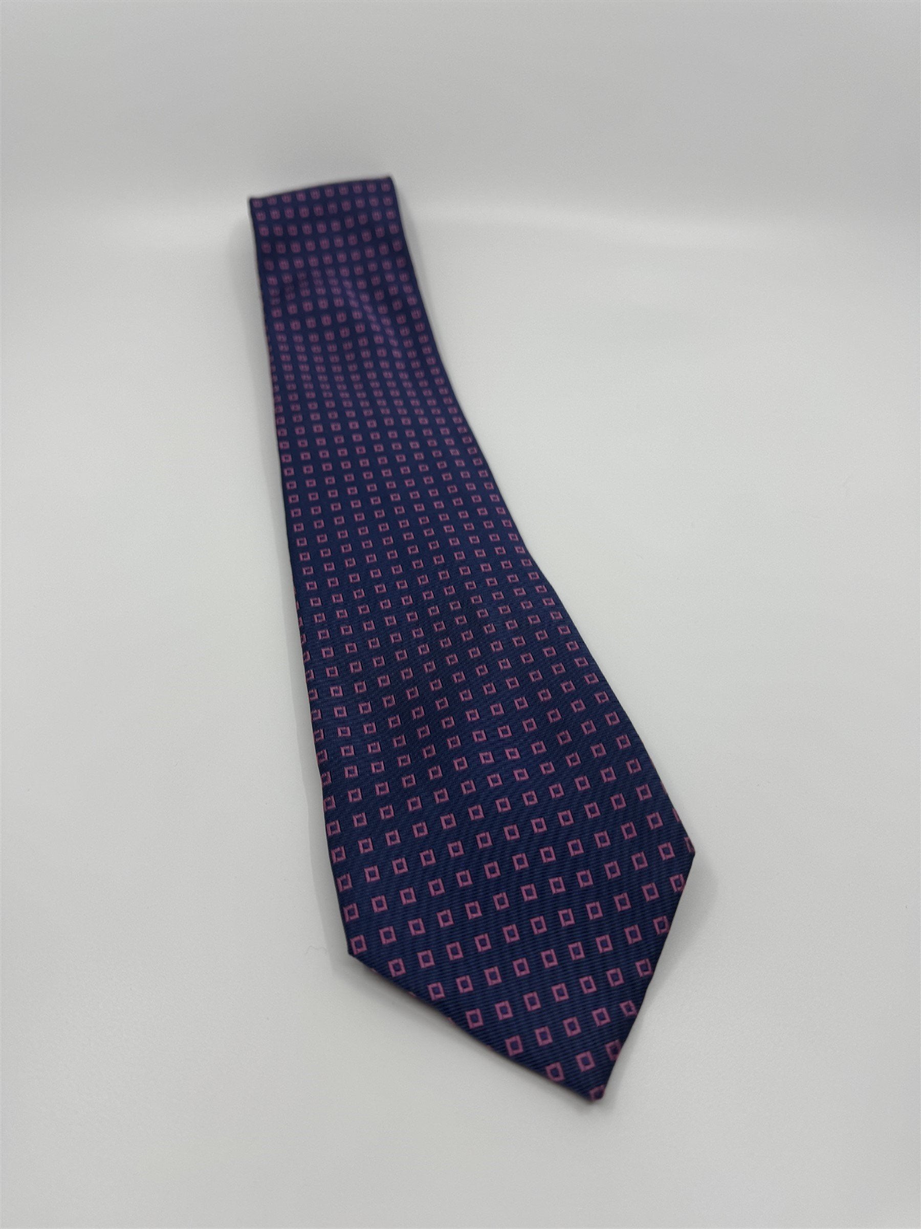 Jake Ross Hand Made 100% Silk Mens Neck Tie Navy Blue /w Pink Geo Squares NWOT