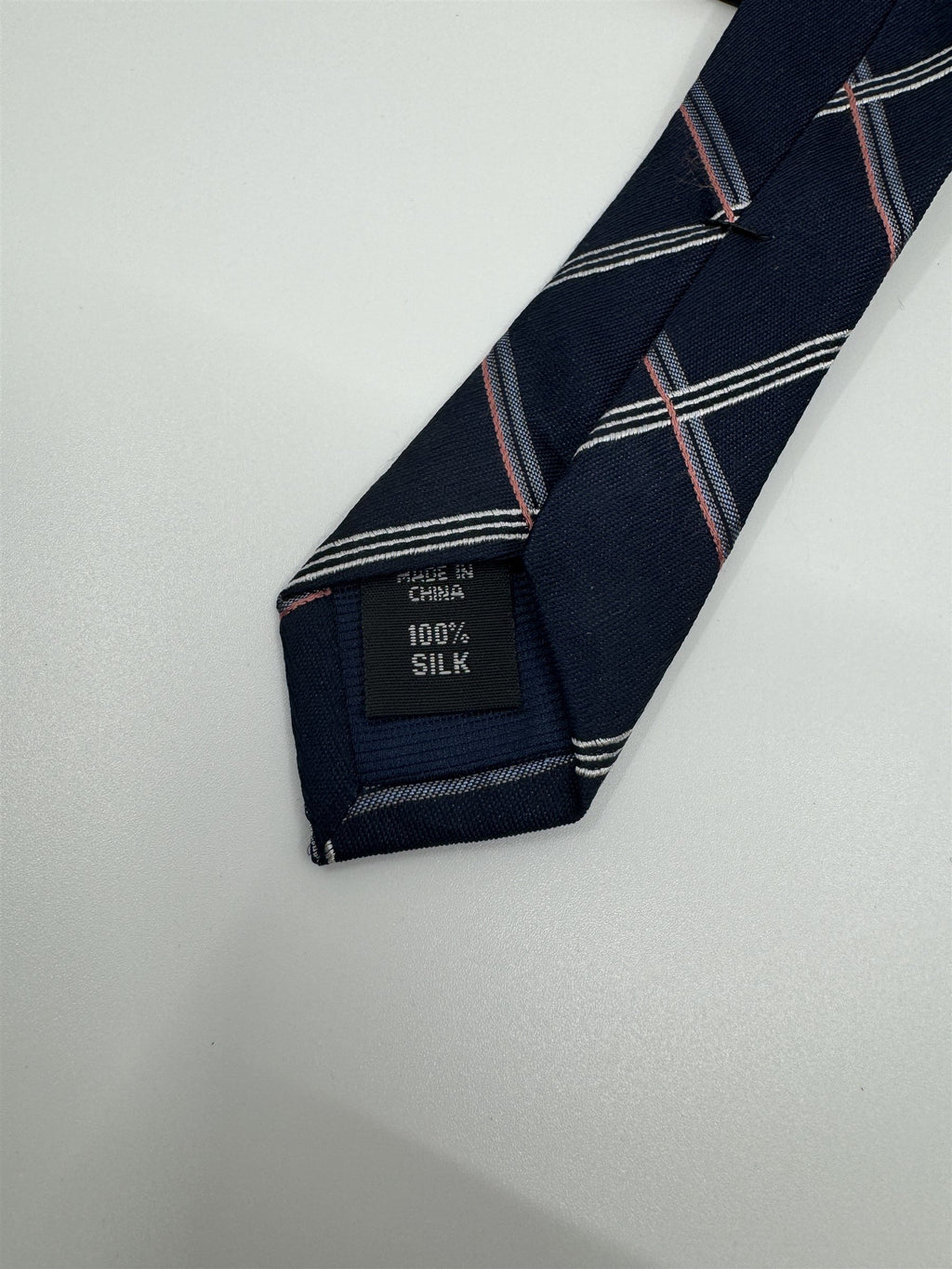 Michael Kors Mens Neck Tie Navy Blue w White and Coral Accent Plaid Pattern Silk