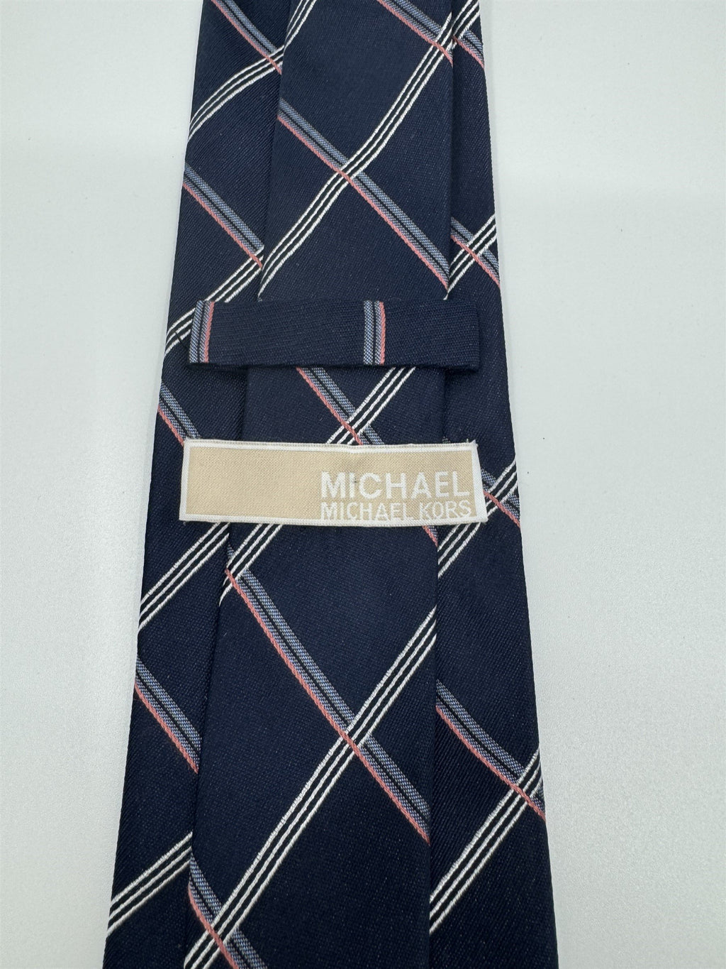 Michael Kors Mens Neck Tie Navy Blue w White and Coral Accent Plaid Pattern Silk