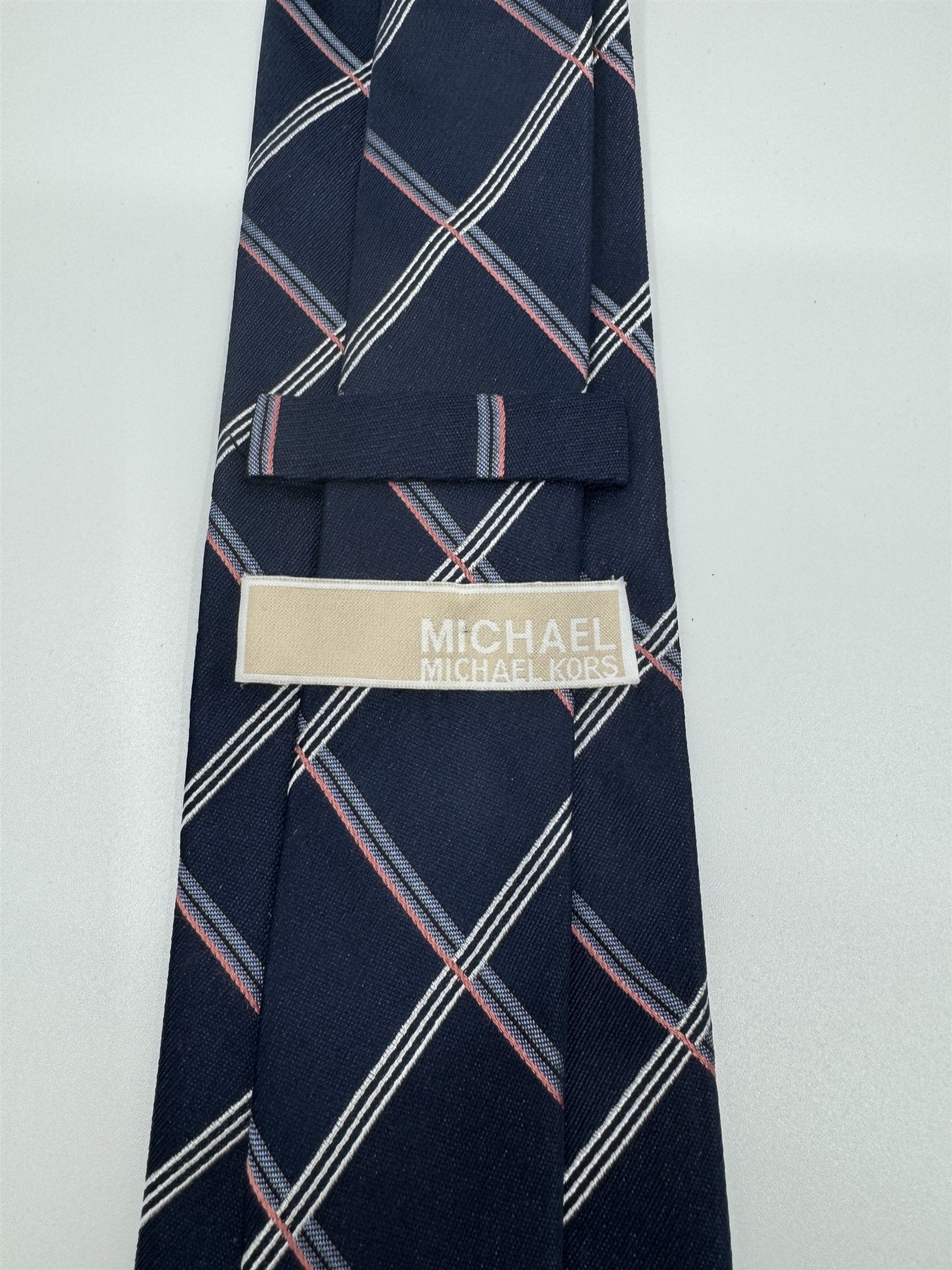 Michael Kors Mens Neck Tie Navy Blue w White and Coral Accent Plaid Pattern Silk