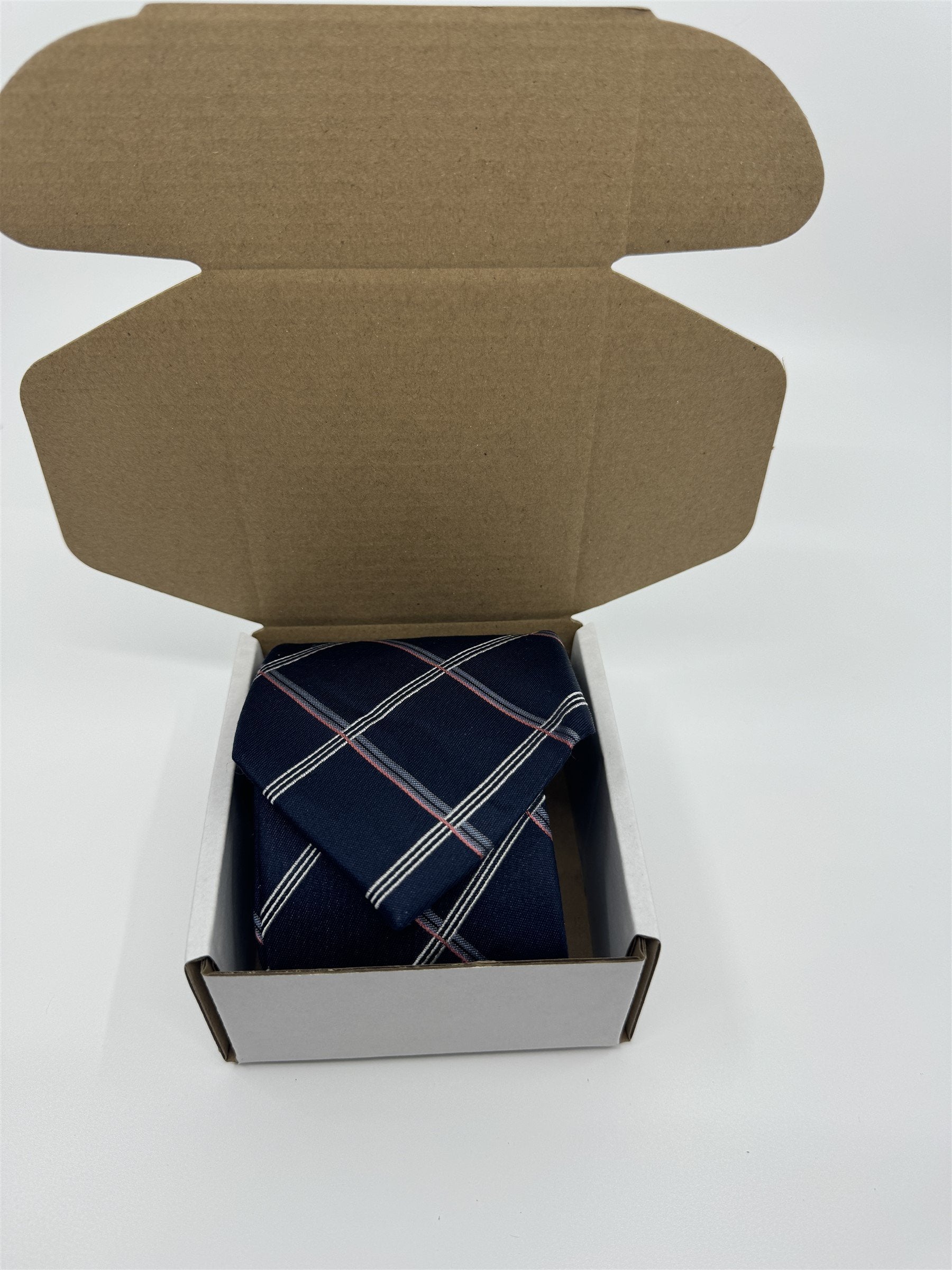 Michael Kors Mens Neck Tie Navy Blue w White and Coral Accent Plaid Pattern Silk