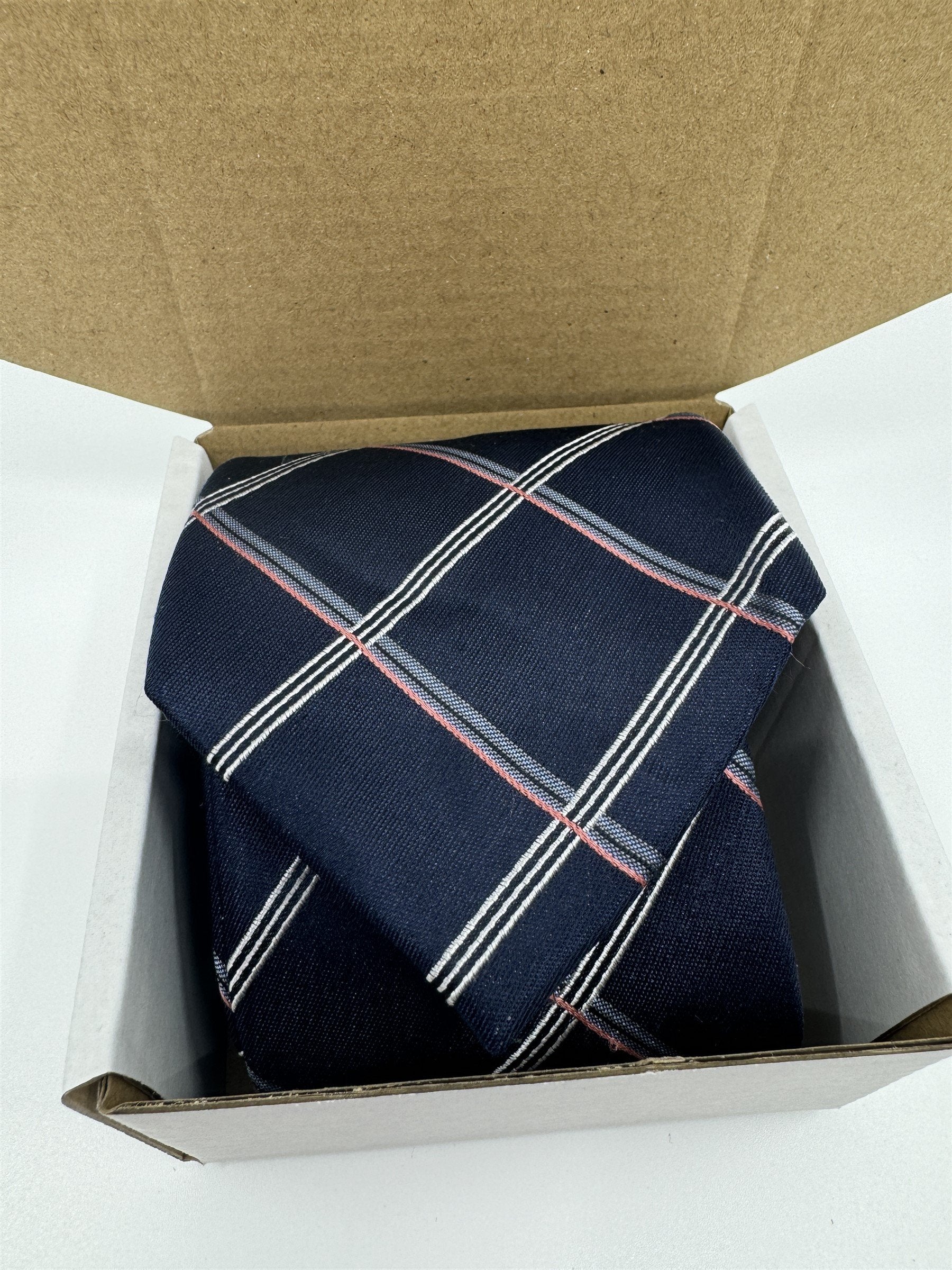 Michael Kors Mens Neck Tie Navy Blue w White and Coral Accent Plaid Pattern Silk