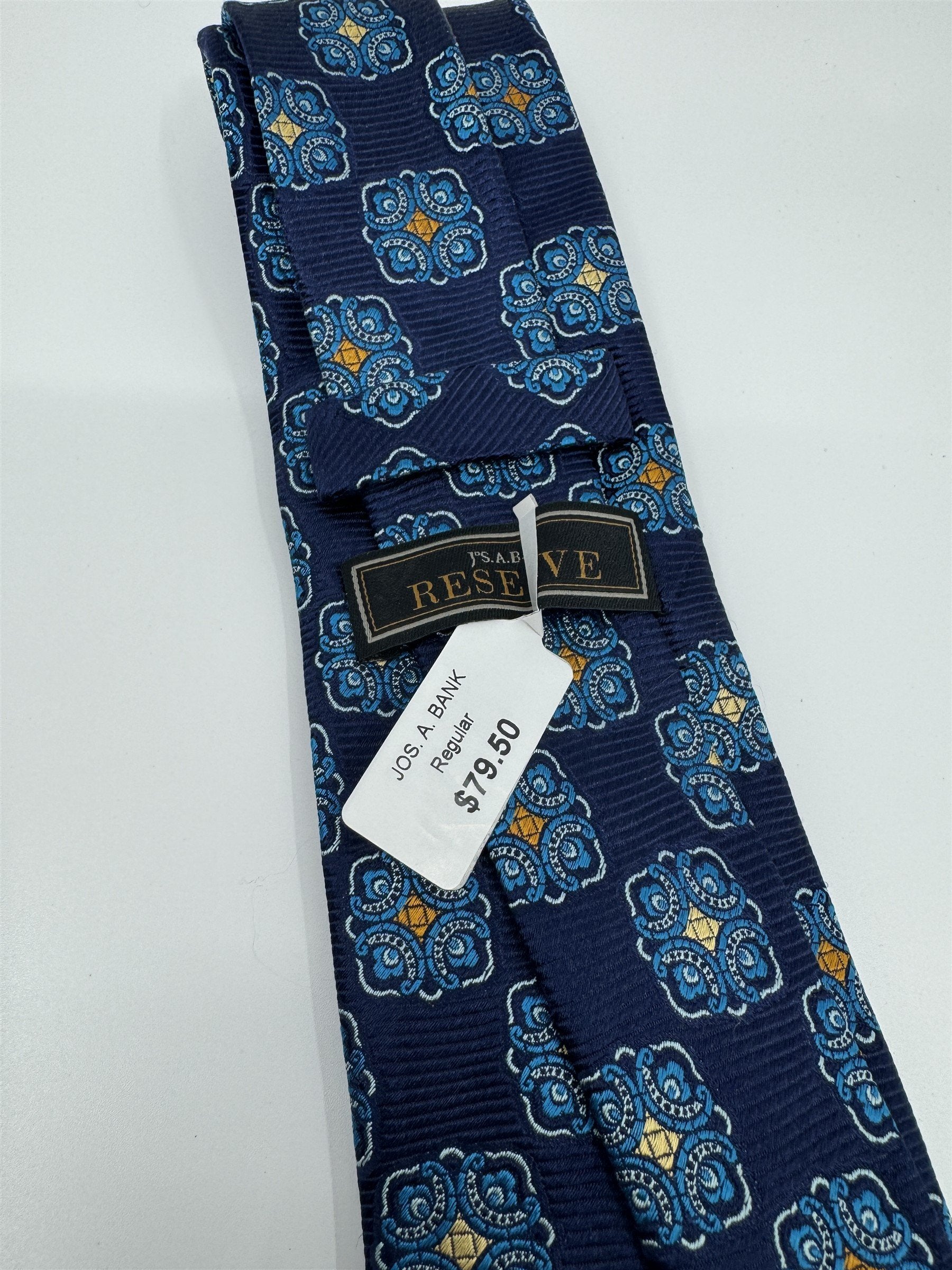 Luxury Silk Tie by Jos A Bank Reserve Blue Medallion Print FAST SHIP NWT
